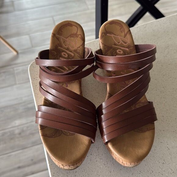 Blowfish Brown Cork Wedge Heels Straps Sandals Open Toes 7 Boho Retro Chic - Picture 4 of 9